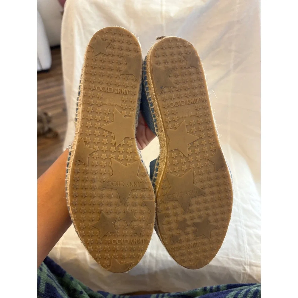 Jimmy Choo Blue Denim Fabric Espadrille Flats Star Sole Made in Spain Size 36